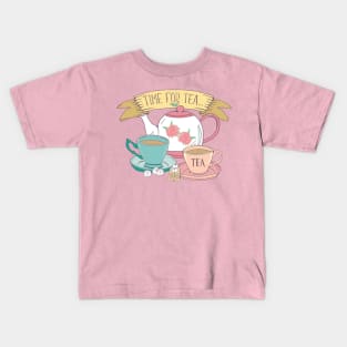 Time For Tea Aesthetic Tea Design in Vintage Pink and Blue Kids T-Shirt